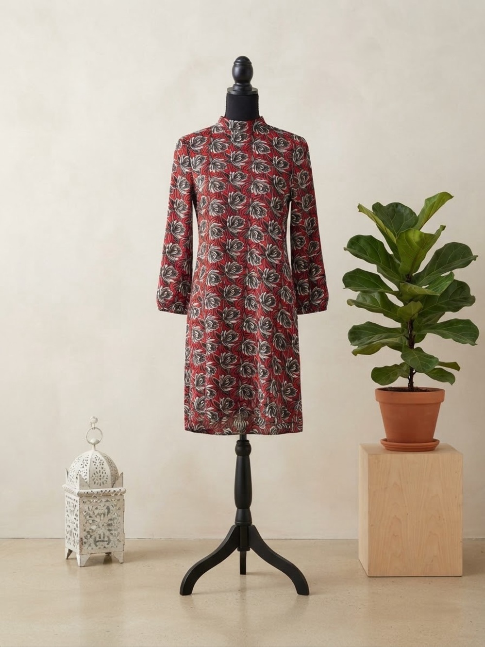 LOFT Red Floral Long-Sleeve High-Neck Shift Dress